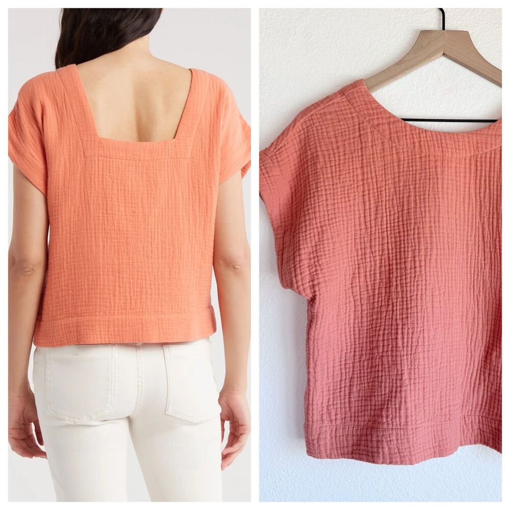 Madewell Women's Double Gauze Popover Crop Top Coral Pink Short Sleeve S EUC